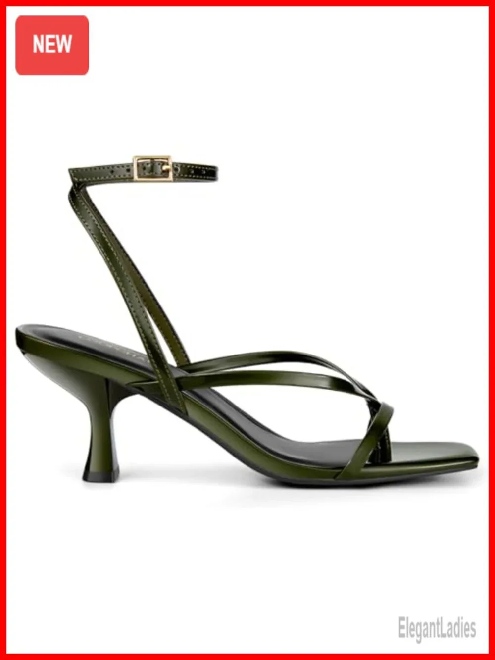 Strappy Thong Kitten Heel Sandals Square Toe Faux Leather Adjustable Ankle Strap
